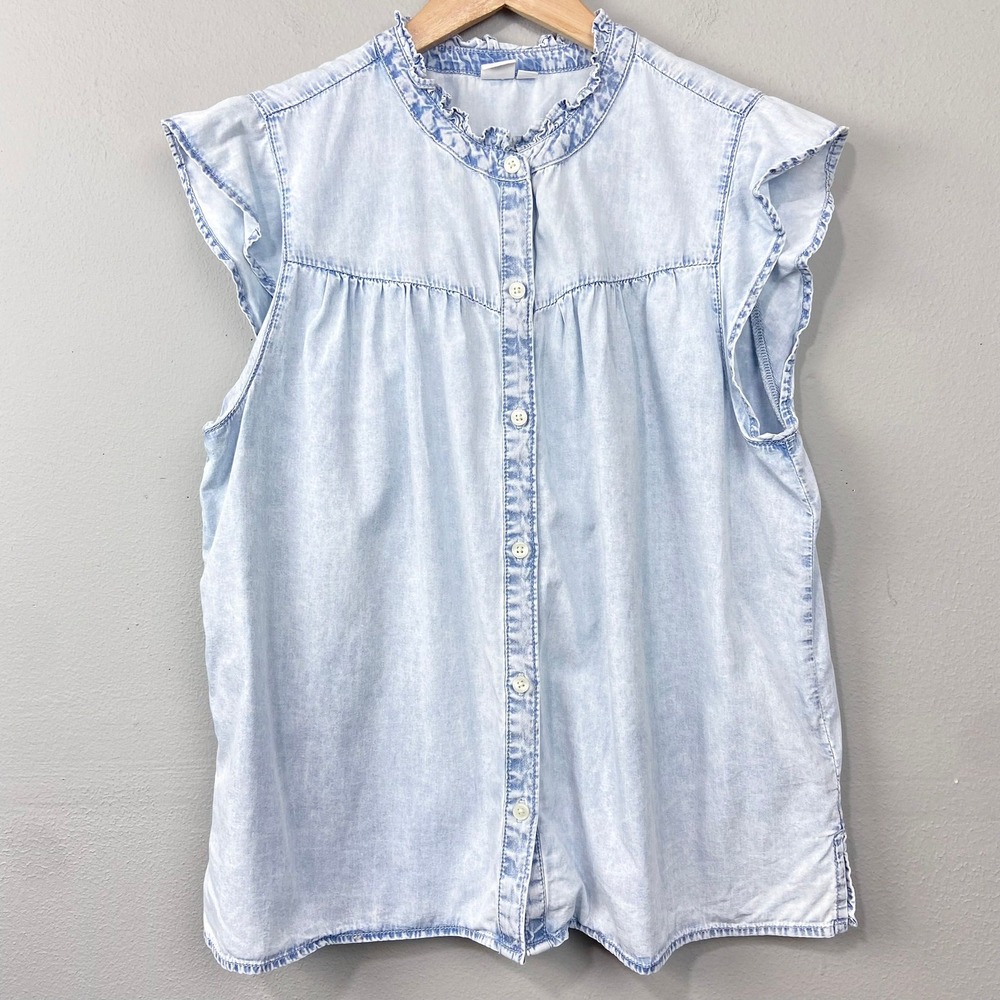 Gap Chambray Blouse Womens Size Light Wash Denim Ruffle Sleeve Button Front Top